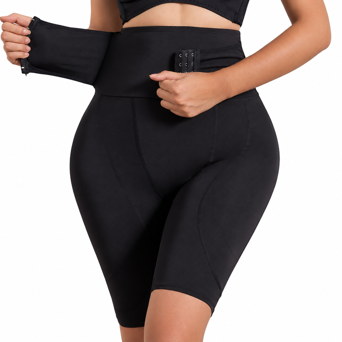 Yiqun women's black padded hip enhancer high-waist shapewear shorts on model
