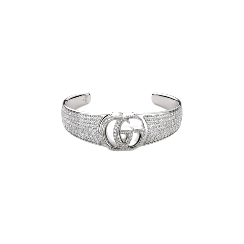 Gucci Crystal Double G Cuff Bracelet on pure white background
