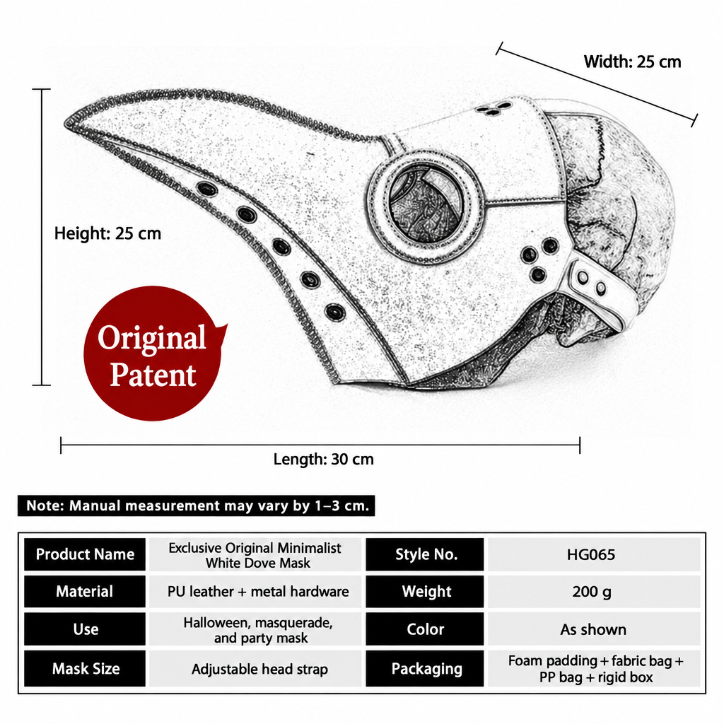 English product size chart for plague doctor mask HG065 showing 30 cm length, 25 cm width and height, adjustable strap, material, and packaging