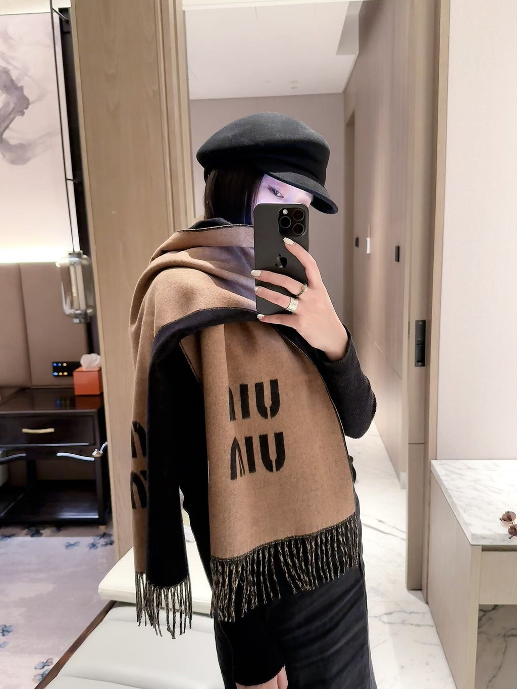 Miu Miu Style Oversized Logo Fringe Scarf product detail 9