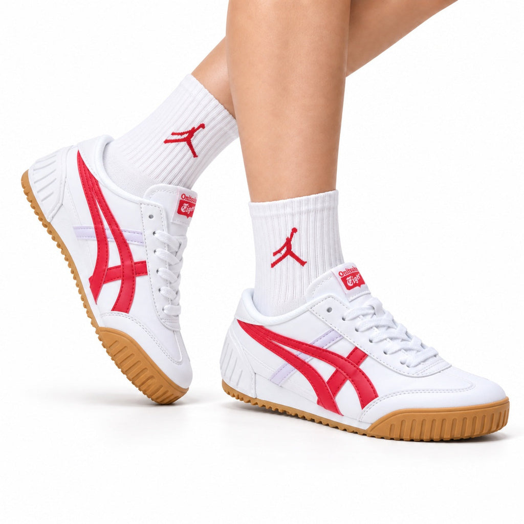 Onitsuka Tiger Retro Low Top White Red Gum Unisex Shoes Style 01 main angled pair view
