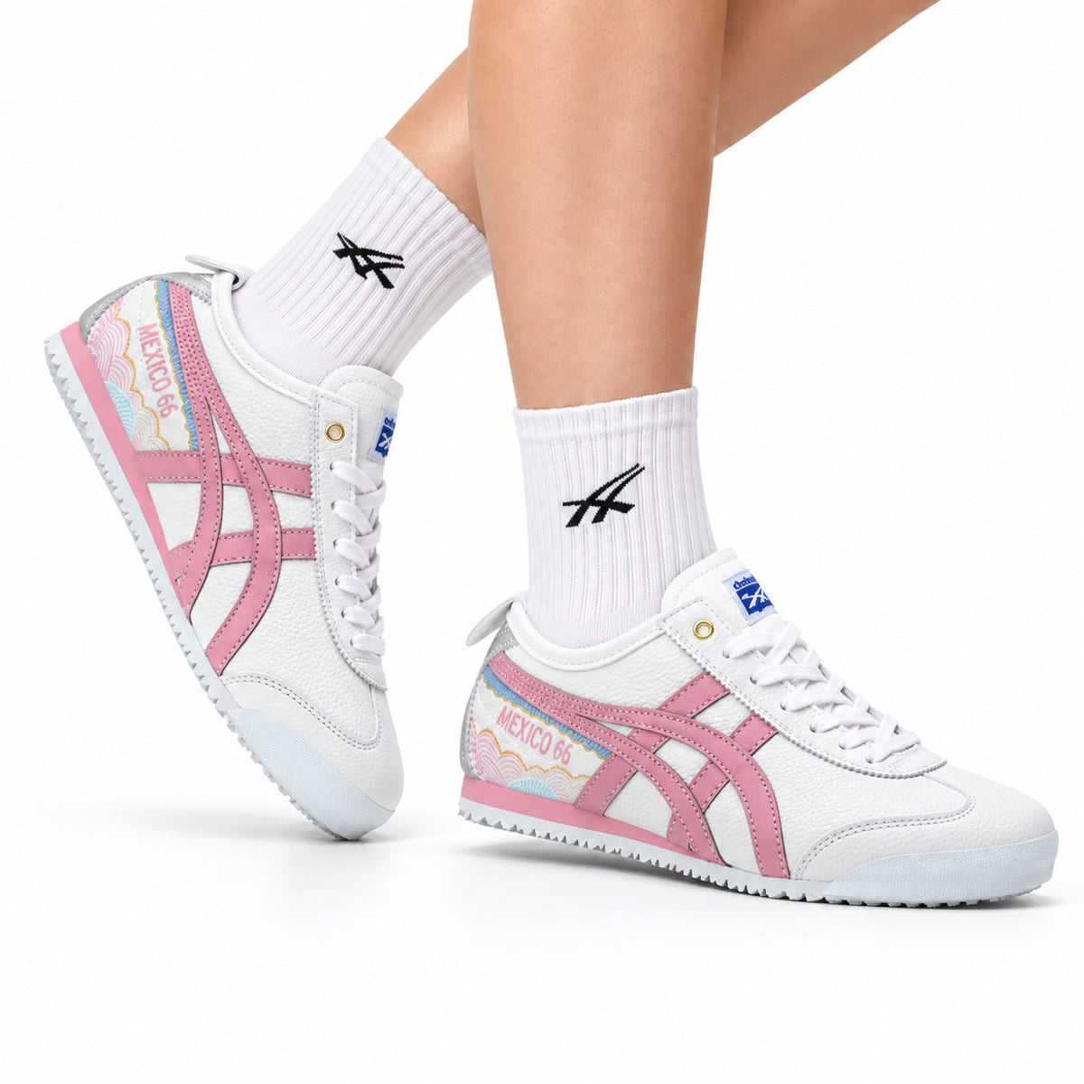 Onitsuka Tiger Retro Low Top White Pink Silver Unisex Shoes Style 02 main angled pair view