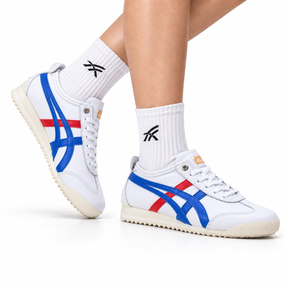 Onitsuka Tiger Retro Low Top White Blue Red Unisex Shoes Style 10 main angled pair view