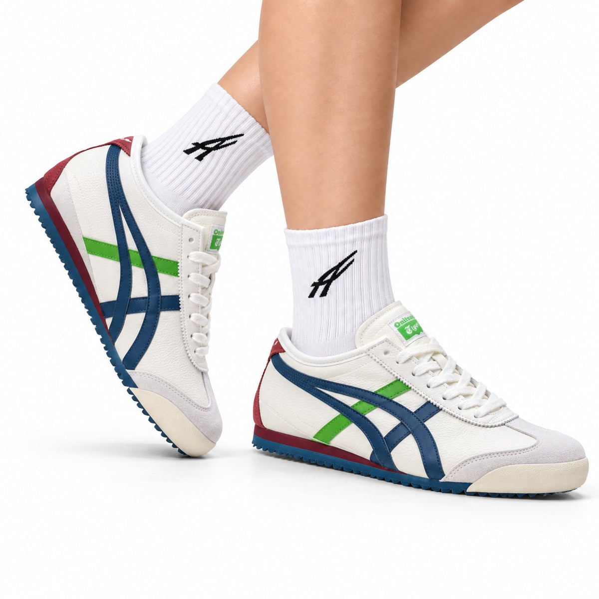 Onitsuka Tiger Retro Low Top White Navy Green Unisex Shoes Style 21 main angled pair view