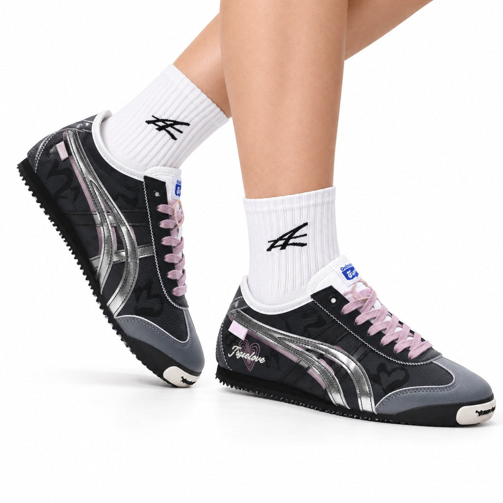 Onitsuka Tiger Retro Low Top Black Pink Silver Unisex Shoes Style 25 main angled pair view