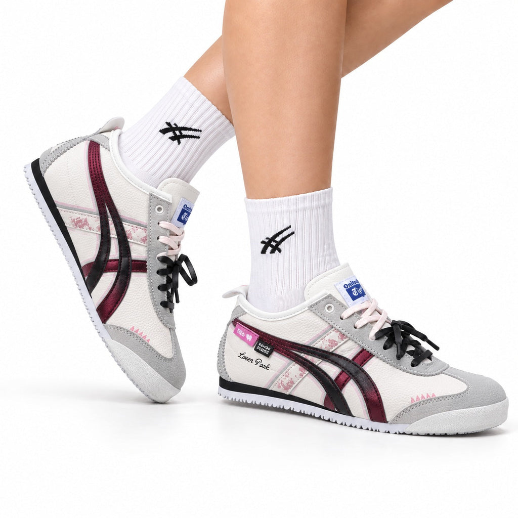 Onitsuka Tiger Retro Low Top White Black Burgundy Unisex Shoes Style 27 main angled pair view