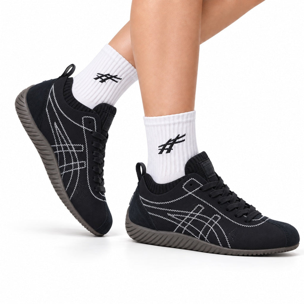 Onitsuka Tiger Low Profile Runner Black Line Art Unisex Shoes Style 33 main angled pair view