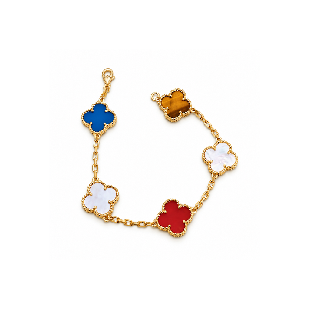 Van Cleef & Arpels-Style Rainbow Clover Bracelet on pure white background