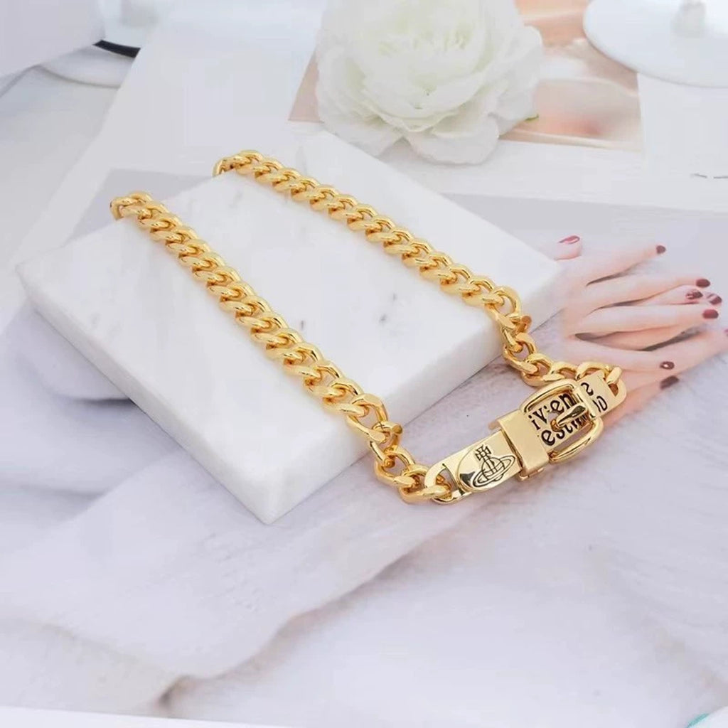 Vivienne Westwood Style Engraved Letter Cuban Chain Necklace detail 2