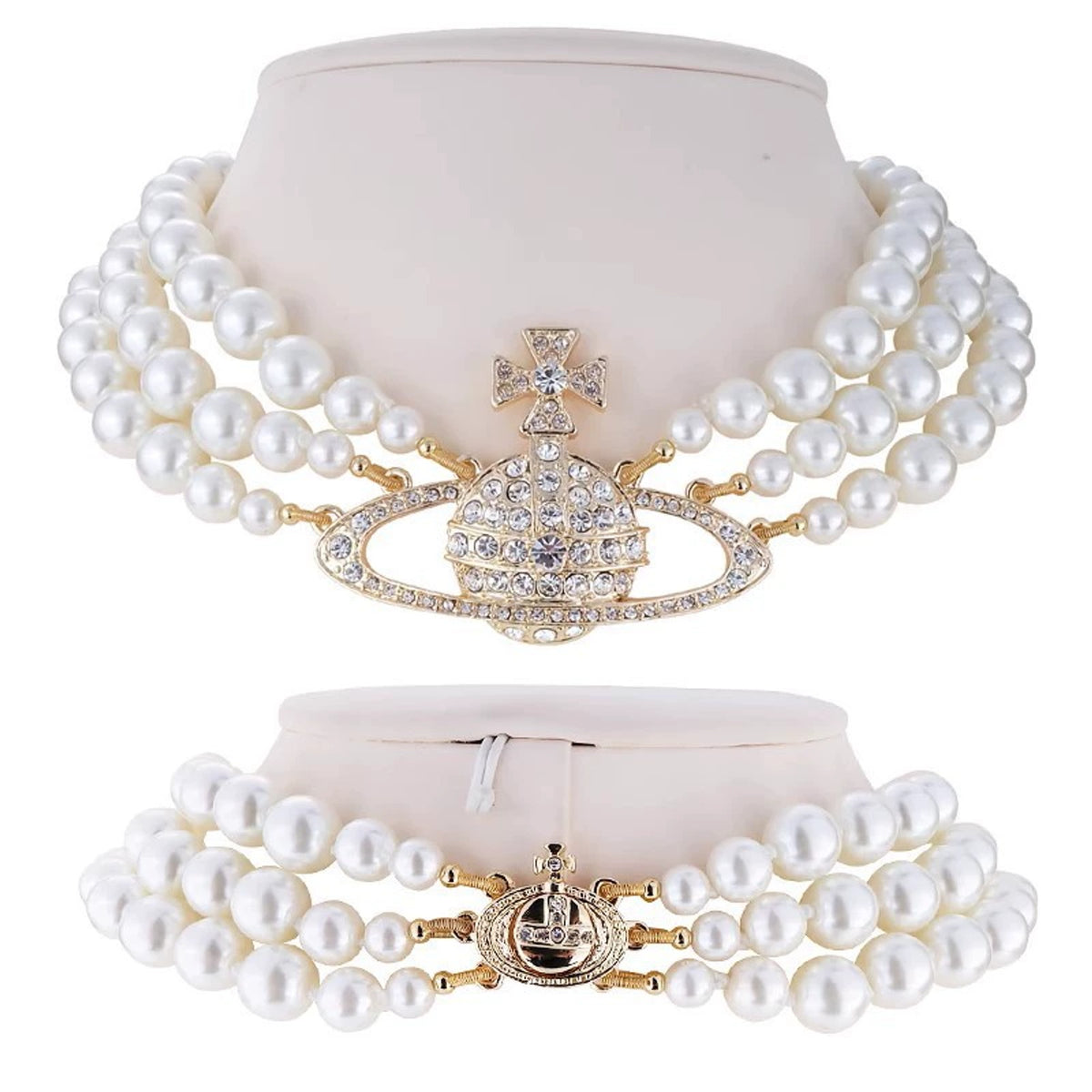 Vivienne Westwood Style Triple Pearl Orb Necklace detail 1